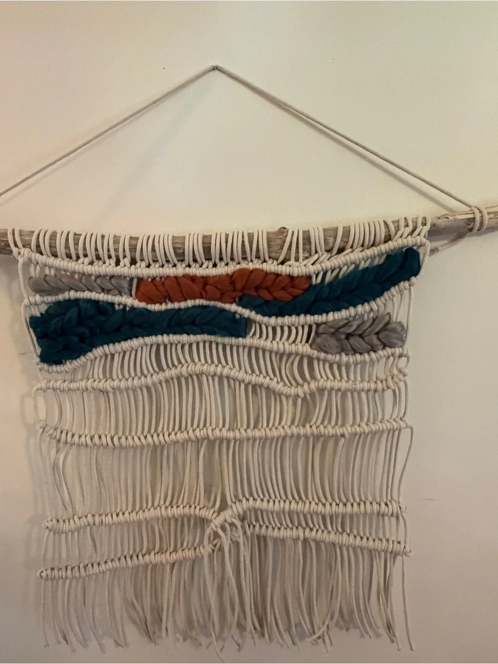 Handwoven Cream Macramé Wall Tapestry with Blue and Rust Accents